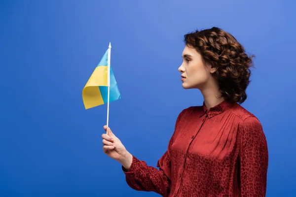 Side view of curly language teacher holding flag of Ukraine isolated on blue — Stock Photo
