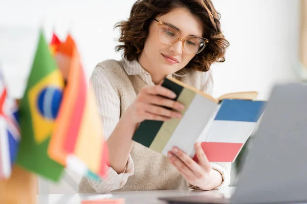 Pretty language teacher in glasses reading French dictionary book near international flags on blurred foreground — Stock Photo