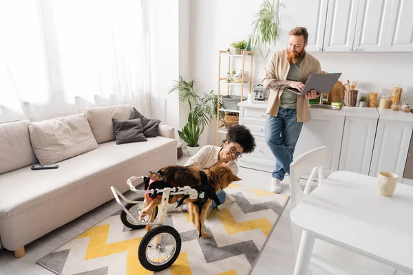 Homme souriant utilisant un ordinateur portable près de petite amie afro-américaine et chien handicapé à la maison — Photo de stock