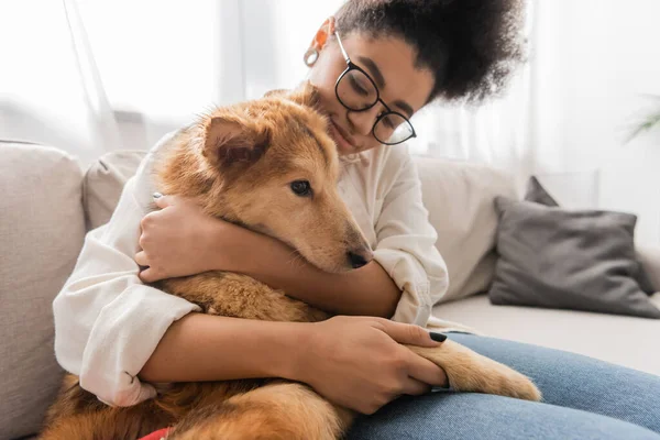Молода американка в окулярах обіймає собаку на дивані. — стокове фото