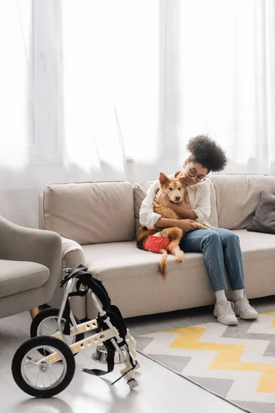 Mulher afro-americana positiva abraçando cão deficiente no sofá perto de cadeira de rodas na sala de estar — Fotografia de Stock