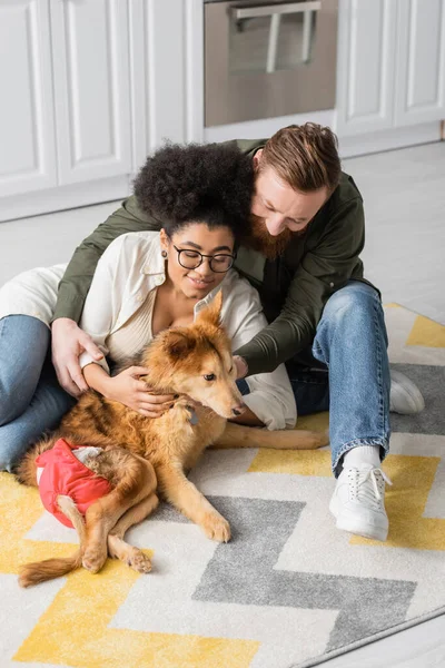 Couple interracial positif assis près du chien avec un besoin spécial sur le sol à la maison — Photo de stock