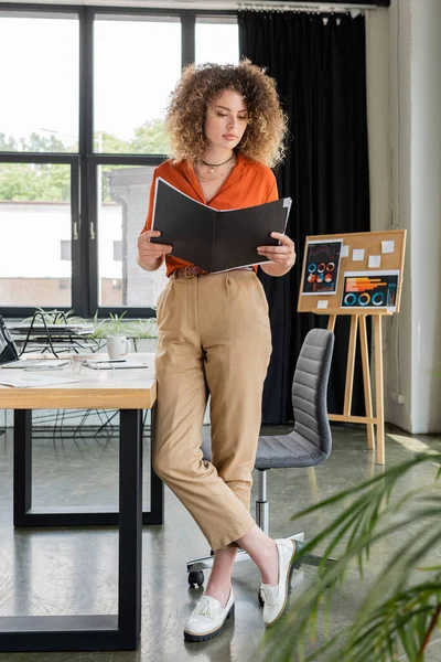 Full length of curly businesswoman with curly hair looking at folder in office — Stock Photo