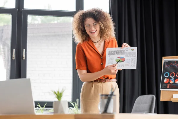 Cheerful businesswoman in glasses pointing with pen at infographics while making online presentation during video call — Stock Photo