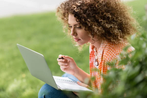 Зосереджена жінка з кучерявим волоссям за допомогою ноутбука, тримаючи ручку і блокнот в парку — стокове фото