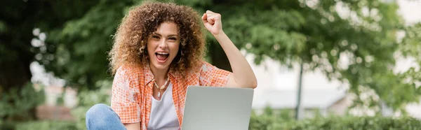 Femme freelance excitée avec bouche ouverte en utilisant un ordinateur portable dans un parc vert, bannière — Photo de stock