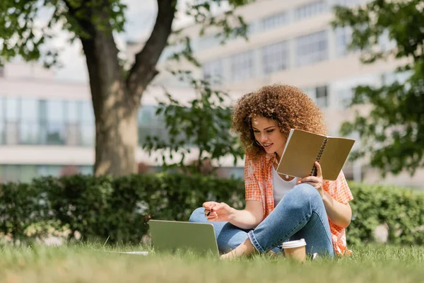 Cheerful freelancer woman with curly hair holding notebook near laptop and sitting on lawn in green park — Stock Photo