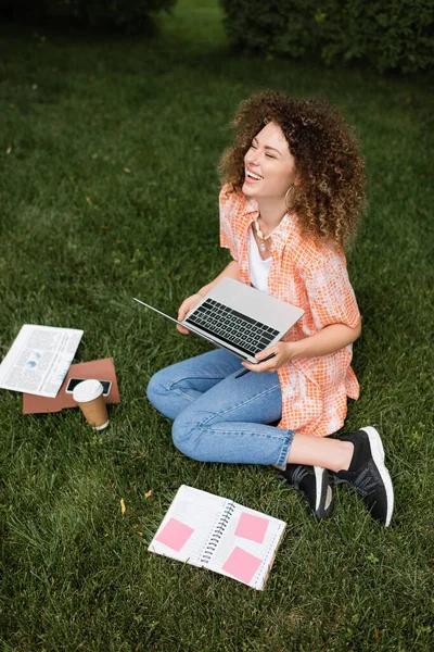 Vista de ángulo alto de la mujer freelancer alegre sosteniendo el ordenador portátil mientras está sentado en el césped y trabajando a distancia en el parque - foto de stock