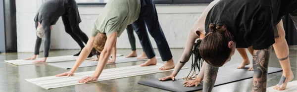 Багатоетнічна група, що робить Даун-обличчям дог-ассану в класі йоги, банер — стокове фото