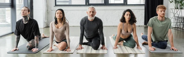 Багатоетнічні люди практикують Half Pigeon asana в студії йоги, банер — стокове фото