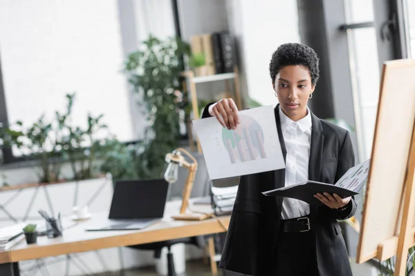 Jeune femme d'affaires afro-américaine tenant dossier et graphiques près du tableau de note dans le bureau moderne — Photo de stock