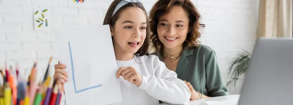 Chica alegre sosteniendo papel con carta durante la lección de terapia del habla en el ordenador portátil cerca de mamá en casa, pancarta - foto de stock