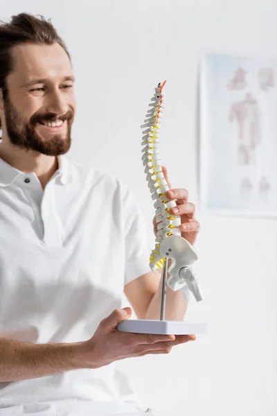 Pleased bearded osteopath looking at spine model in consulting room — Stock Photo