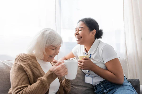 Веселий багаторасовий соціальний працівник сміється з старшою жінкою, маючи чай у вітальні — стокове фото