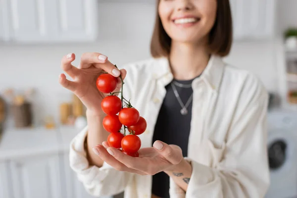 Обрізаний вид розмитої усміхненої жінки, що тримає вишневі помідори на кухні — стокове фото