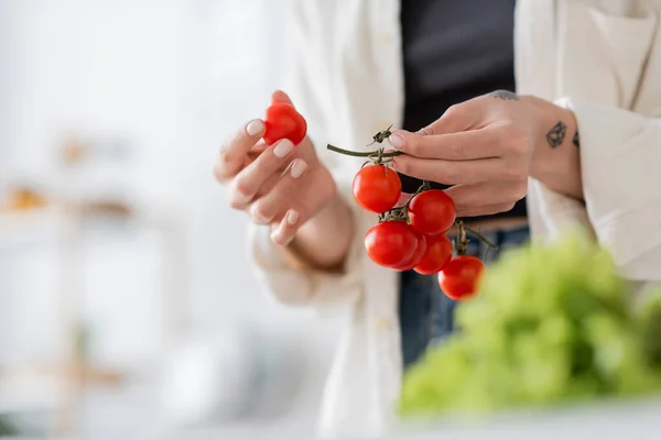 Vue recadrée d'une femme tatouée tenant des tomates cerises dans la cuisine — Photo de stock