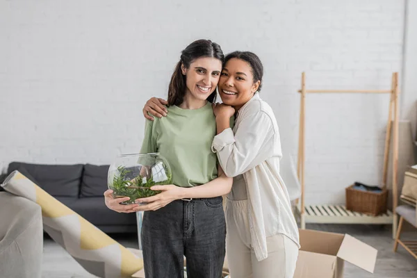 Feliz multirracial mujer abrazando lesbiana pareja con verde planta en vidrio jarrón - foto de stock