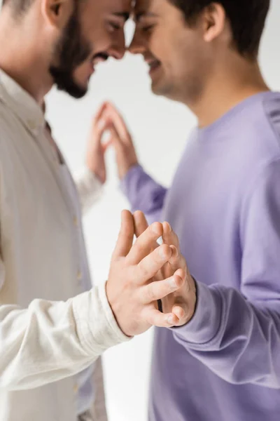 Vista lateral de parejas del mismo sexo borrosas y jóvenes con ropa casual tocándose las manos mientras están de pie nariz a nariz aislados en gris - foto de stock