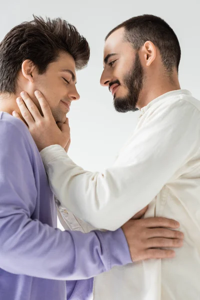 Side view of carefree bearded homosexual man in casual clothes touching face of boyfriend with closed eyes while standing together isolated on grey — Stock Photo