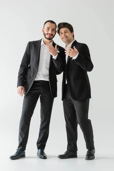 Full length of positive same sex grooms in elegant classic suits showing golden wedding rings at camera while standing on grey background — Stock Photo