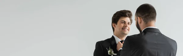 Бородатый гей регулирует галстук улыбающегося жениха в брекетах в элегантном и классическом костюме с цветочным бутоньером во время свадебной церемонии, изолированной на сером, баннере — стоковое фото