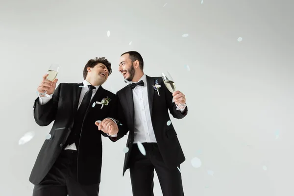 Excited homosexual groom in classic attire holding hand of bearded boyfriend and glasses of champagne while standing under confetti during wedding ceremony on grey background — Stock Photo