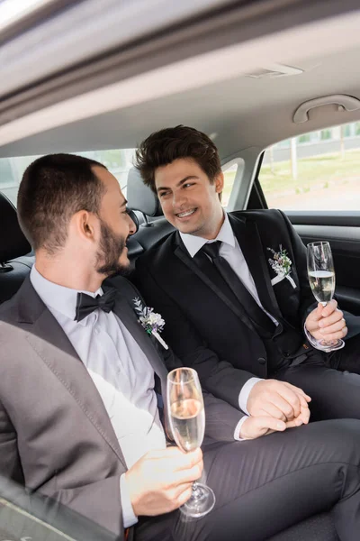 Sonrientes novios del mismo sexo en traje clásico con boutonnieres sosteniendo copas de champán mientras se sienta en el asiento trasero del coche durante el viaje de luna de miel - foto de stock