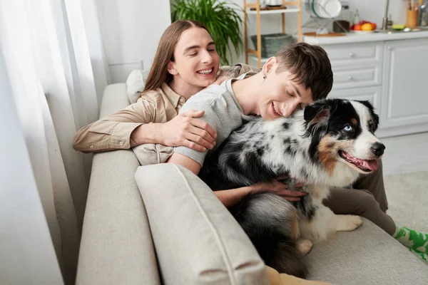 Cheerful same sex couple in casual clothes spending time and hugging furry Australian shepherd dog while relaxing on couch in living room at home — Stock Photo