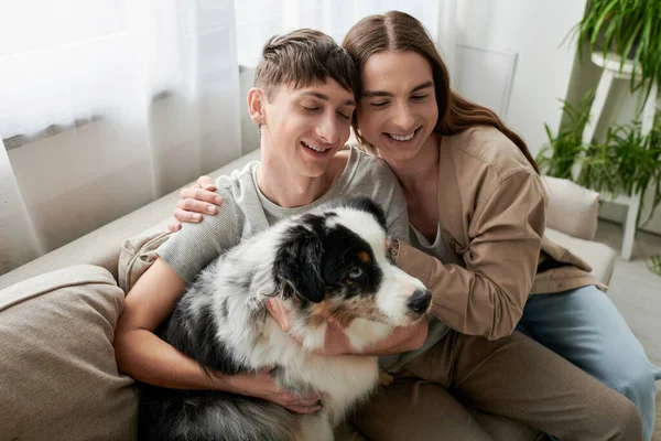 Vue grand angle du couple homosexuel souriant avec les yeux fermés étreignant près du chien berger australien sur le canapé dans le salon moderne à la maison — Photo de stock