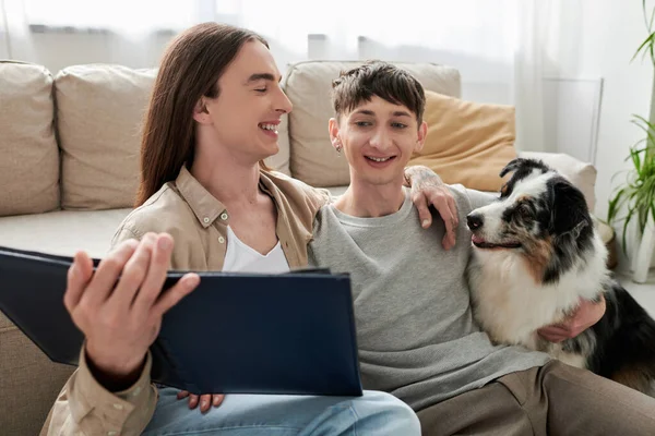 Positive same sex couple in casual clothes looking at blurred photo album and hugging friendly Australian shepherd dog near couch in living room at home — Stock Photo