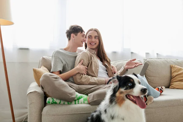 Happy gay man with long hair pointing with hand at laptop while sitting on couch with happy boyfriend in casual clothes near Australian shepherd dog inside of living room in modern apartment — Stock Photo
