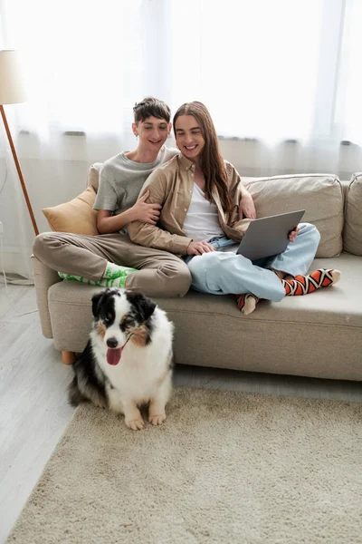 Feliz casal lgbt em roupas casuais sentado no sofá com laptop e sorrindo enquanto olha para cão pastor australiano no tapete dentro da sala de estar no apartamento moderno — Fotografia de Stock