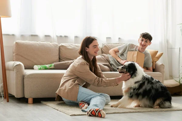 Fröhlicher schwuler Mann mit langen Haaren spielt mit australischem Schäferhund, während sein Freund in lässiger Kleidung auf der Couch ruht und im modernen Wohnzimmer ein Buch hält — Stockfoto