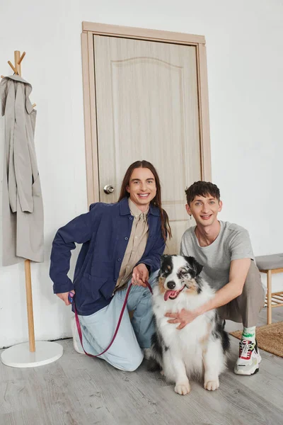 Feliz pareja gay en trajes casuales sonriendo mientras se arrodillan juntos y abrazando lindo perro pastor australiano al lado de la puerta y perchero en el pasillo de apartamento moderno - foto de stock
