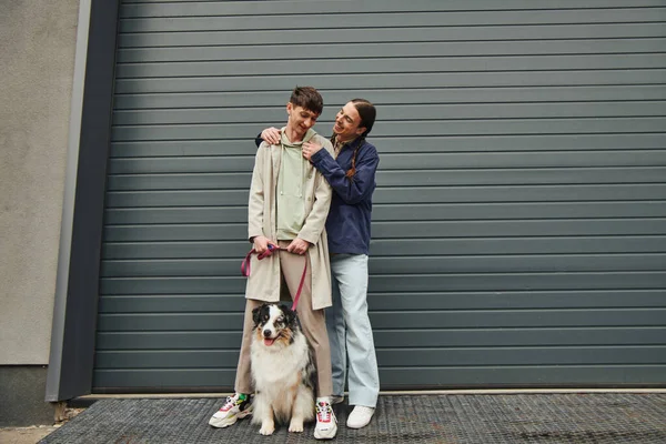 Cheerful gay man with pigtails smiling and hugging boyfriend in casual outfit holding leash of Australian shepherd dog and standing next to near garage door outside on street — Stock Photo
