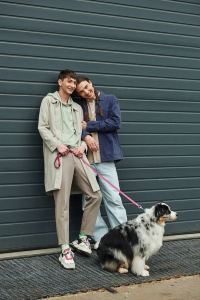 Cheerful gay man in casual outfit holding leash of Australian shepherd dog and standing next to smiling boyfriend with pigtails near garage door outside on street — Stock Photo