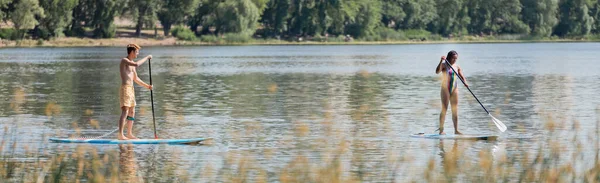 Deportiva pareja multiétnica navegando en tablas de sup con paletas a lo largo de la orilla del río con plantas verdes durante el día de recreación del agua en el fin de semana de verano, pancarta - foto de stock