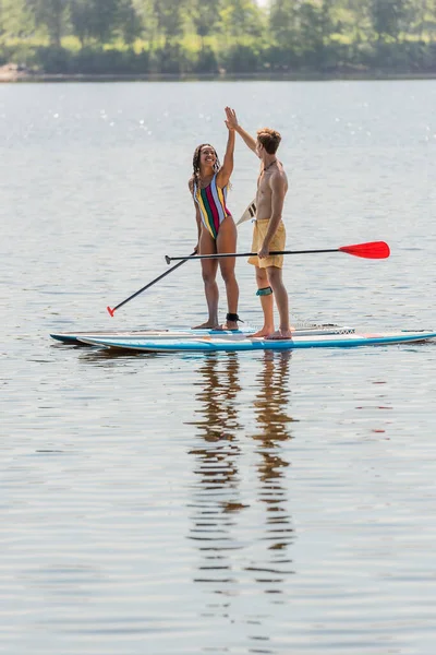 Überglücklicher und sportlicher Rotschopf und afrikanisch-amerikanische Frau in farbenfroher Badebekleidung, die Paddel in der Hand hält und High Five gibt, während sie im Sommer auf Surfbrettern auf dem See segelt — Stockfoto