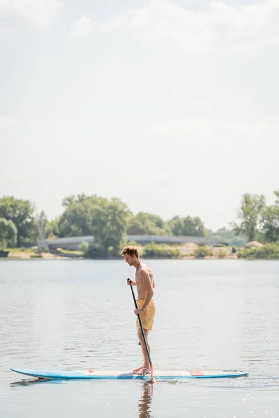 Seitenansicht eines jungen, rothaarigen Mannes in gelben Badehosen, der auf einem Surfbrett mit Paddel auf einem See mit grünem Ufer während der Wassererholung am Sommerwochenende segelt — Stockfoto