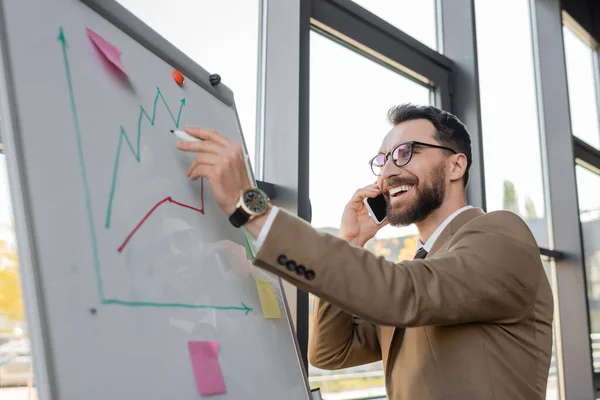 Happy and satisfied businessman in eyeglasses and beige suit talking on mobile phone while standing with marker near flip chart and looking at increasing graphs in office — Stock Photo