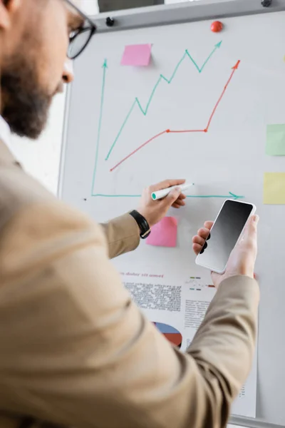 Hombre de negocios barbudo borroso en blazer beige que sostiene el teléfono inteligente con pantalla en blanco mientras dibuja gráficos de investigación de mercado en el rotafolio en la oficina moderna - foto de stock