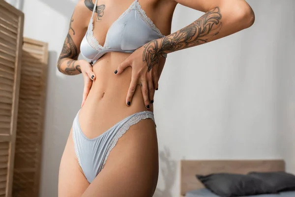 Partial view of provocative young woman in grey silk lingerie such as bra and panties touching sexy and slender body with tattooed arms near blurred bed and room divider in bedroom — Stock Photo
