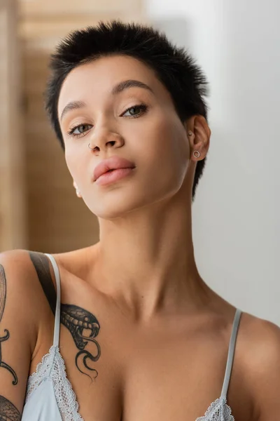 Portrait of young mesmerizing woman with short brunette hair, natural makeup and sexy tattooed body looking at camera while posing in bra in bedroom on blurred background — Stock Photo