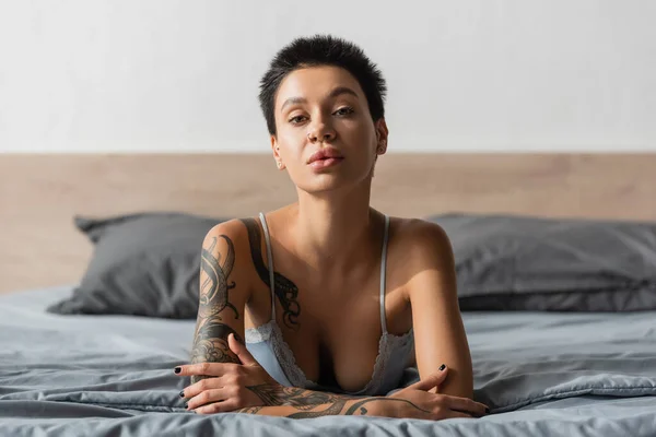 Young seductive woman in bra, with short brunette hair and sexy tattooed body looking at camera while laying on grey bedding near pillows on blurred background in bedroom, boudoir photography — Stock Photo