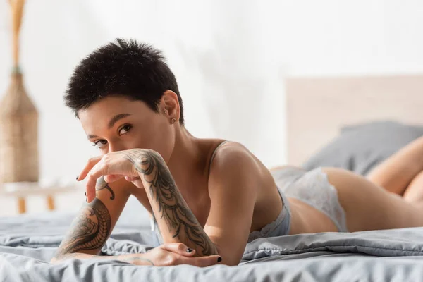 Молодая интригующая и сексуальная женщина с короткими волосами брюнеток и татуированным телом, смотрящая в камеру, лежа на серой кровати в лифчике и держа руки возле лица, будуарная фотография — стоковое фото