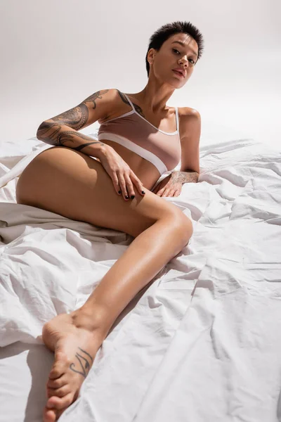 Молода інтригуюча і татуйована жінка в бежевому бюстгальтері, з сексуальним тілом і коротким волоссям брюнетки дивиться на камеру на сірому фоні, мистецтво спокушання, еротична фотографія — стокове фото