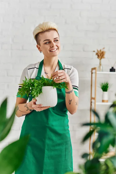 Dreamy and happy tattooed woman in green apron looking away while standing with potted houseplant in modern living room, blurred foreground, sustainable home decor and green living concept — Stock Photo