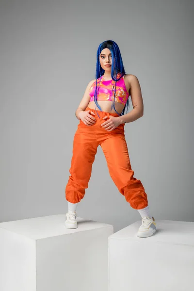 Модный тренд, молодая татуированная женщина с синими волосами, позирующая в цветной одежде на сером фоне, стоящая на кубиках, полная длина, индивидуализм, современный стиль, городская мода, яркий цвет — стоковое фото