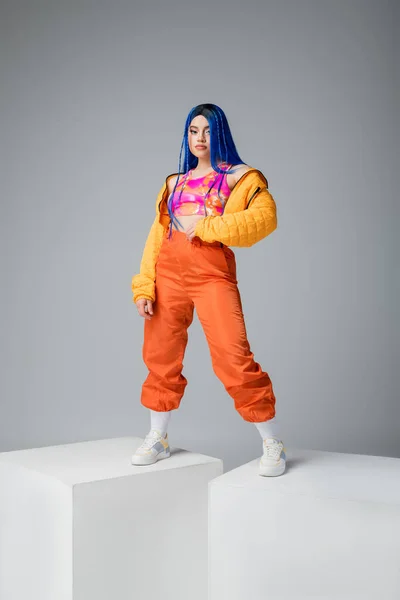 Beauty and fashion trends, young tattooed woman with blue hair posing in colorful clothes on grey background, full length, white cubes, individualism, modern style, urban fashion, vibrant color — Stock Photo