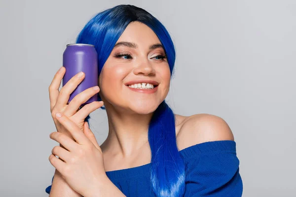 Beauty trends, summer style, happy young woman with blue hair holding soda can on grey background, modern subculture, individualism, youth and lifestyle, vibrant color, self expression — Stock Photo